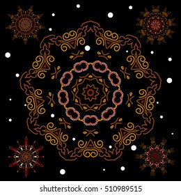 Set with 5 snowflakes, doodles and dots in brown and yellow colors on a black background. Watercolor painting effect. Handmade drawing. For the Christmas design and decoration.