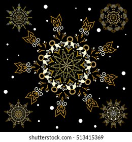 Set with 5 snowflakes, doodles and dots in yellow colors on a black background. Watercolor painting effect. Handmade drawing. For the Christmas design and decoration.