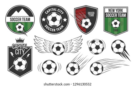Set of 5 soccer, football logo templates and 6 design elements. Soccer team emblems, labels templates. Vector illustration