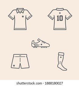 Set of 5 soccer - football wear icons ready to use in multiple places like websites, apps, shops, videos, games, sport equipment, marketing badges and educative illustrations among others.