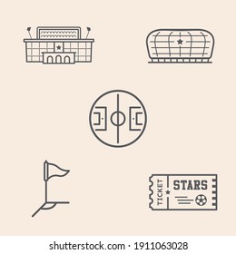 Set of 5 soccer themed icons - football stadium elements icons ready to use in multiple places like websites, apps, games, sport equipment, marketing badges and educative illustrations among others