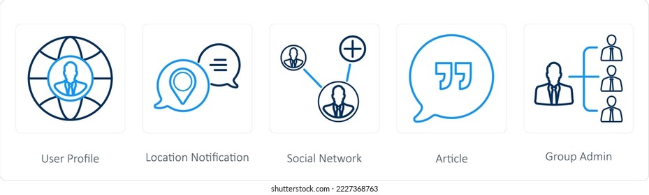 A set of 5 social icons such as user profile, location notification