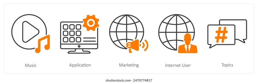 A set of 5 Social Media icons as music, application, marketing