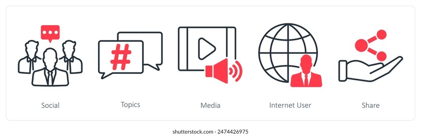 A set of 5 Social Media icons as social, topics, media