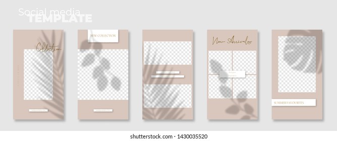 Set of 5 social media story layouts with summer shadows. Editable stories vector templates pack. Autumn Collection 2019-2020.  Layout for business story (fashion, beauty): new arrival, new collection