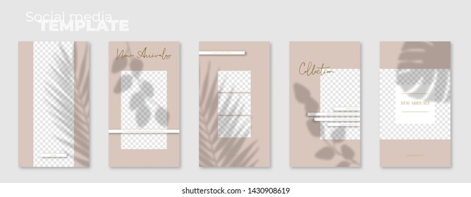 Set of 5 social media story layouts with summer shadows. Editable stories vector templates pack. Autumn Collection.  Layout for business story (fashion, beauty): new arrival, new collection, 