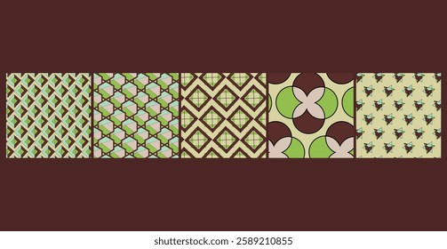 A set of 5 soft pastel geometric patterns with thin-line grids and gentle gradients, perfect for branding, packaging, and website backgrounds.