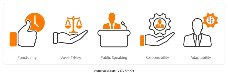 A set of 5 Soft Skills icons as punctuality, work ethics, public speaking