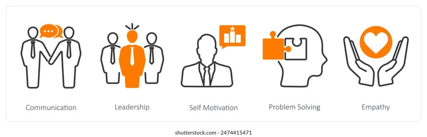 A set of 5 Soft Skills icons as communication, leadership, self motivation