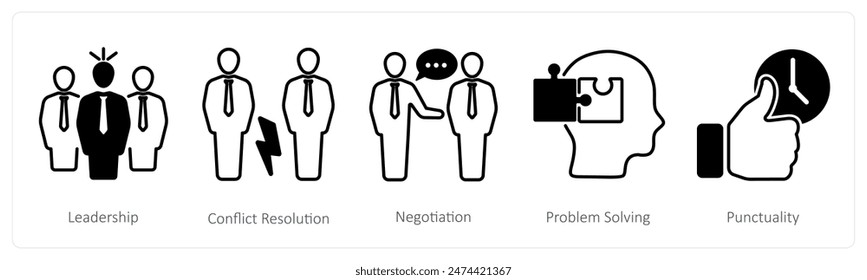 A set of 5 Soft Skills icons as leadership, conflict resolution, negotiation