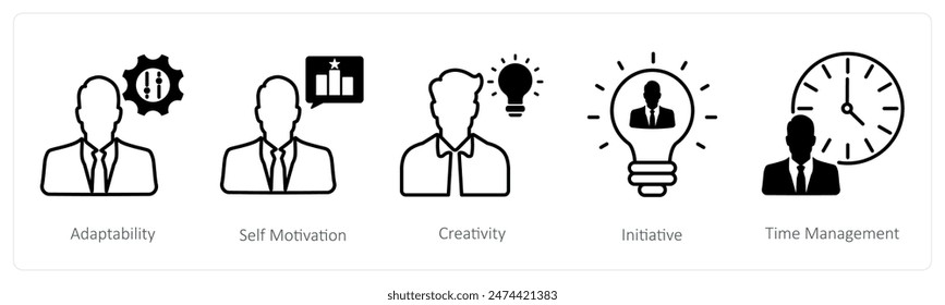 A set of 5 Soft Skills icons as adaptability, self motivation, creativity