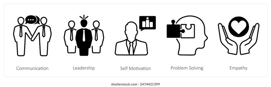 A set of 5 Soft Skills icons as communication, leadership, self motivation