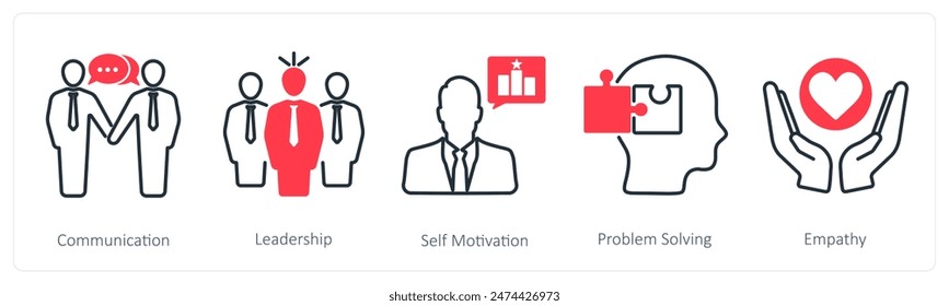 A set of 5 Soft Skills icons as communication, leadership, self motivation