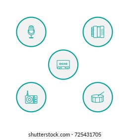 Set Of 5 Song Outline Icons Set.Collection Of Amplifier, Station, Percussion And Other Elements.