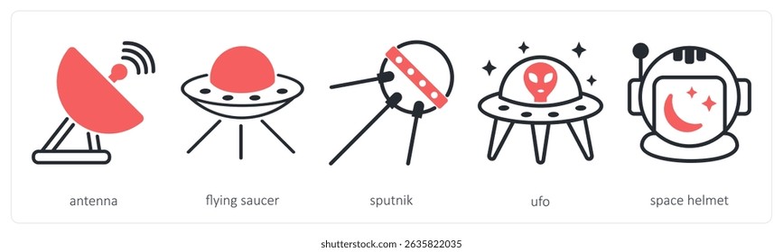Um conjunto de 5 ícones de espaço como antena, disco voador, sputnik