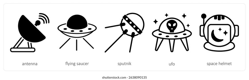 A set of 5 space icons as antenna, flying saucer, sputnik