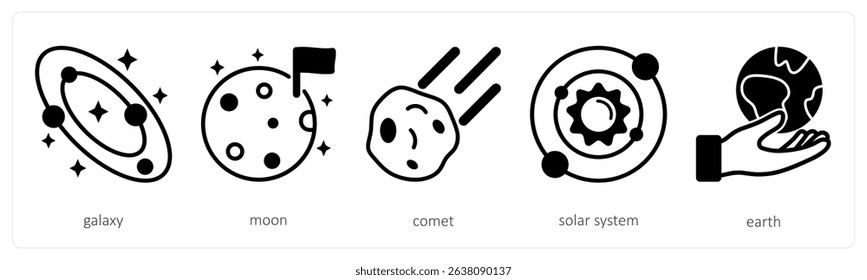 A set of 5 space icons as galaxy, moon, comet