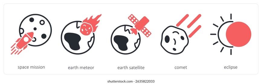 A set of 5 space icons as space mission, earth meteor, earth satellite
