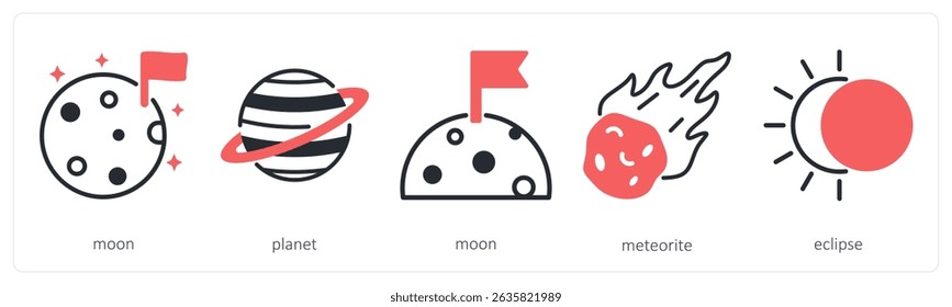 A set of 5 space icons as moon, planet, meteorite