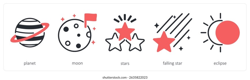 A set of 5 space icons as planet, moon, stars