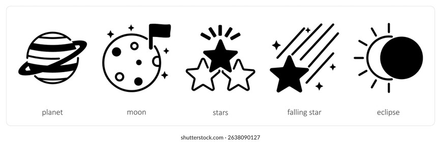 A set of 5 space icons as planet, moon, stars