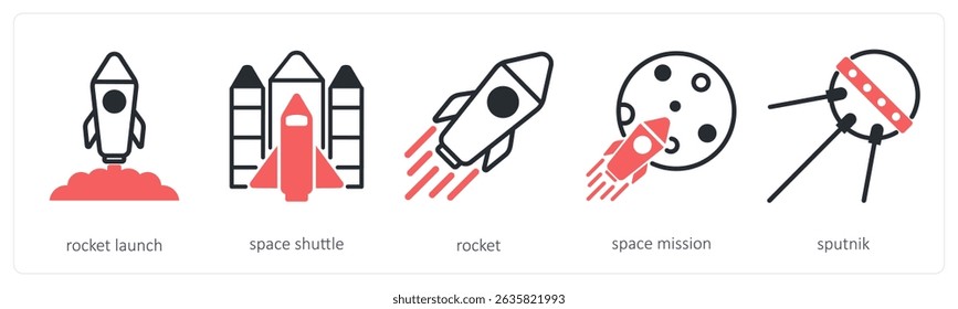 Ein Satz von 5 Space Icons als Raketenstart, Space Shuttle, Rakete