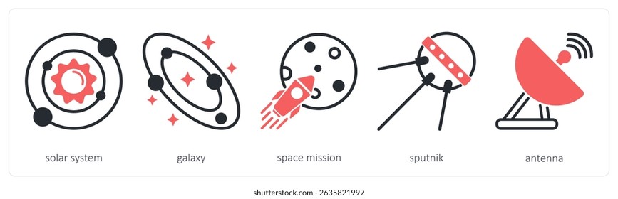 A set of 5 space icons as solar system, galaxy, space mission