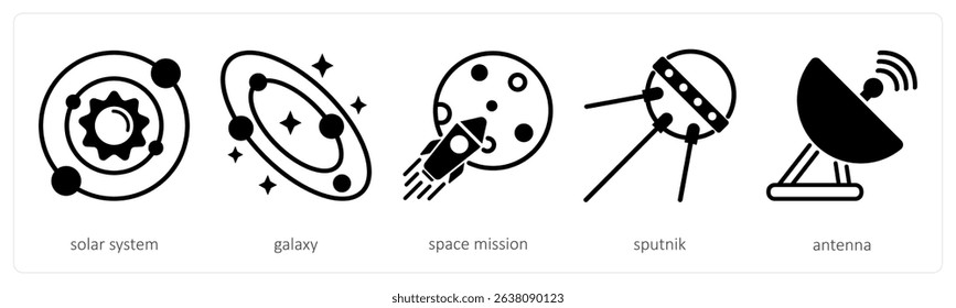 A set of 5 space icons as solar system, galaxy, space mission