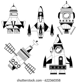 Set of 5 space toy rockets. Black and white. Spaceships. Vector illustration.