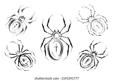 Set von 5 Spinnen im Skizzenstil. Ungerade farbige Pinselstriche, Schmieren. Design-Elemente für Halloween-Design. Geräumig, beängstigend, Horror-Innendekor. Vektorgrafik.