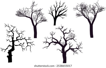 Set of 5 Spooky Tree Silhouettes with Spider Webs