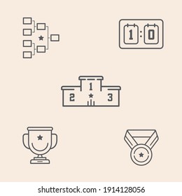 Conjunto de 5 íconos temáticos deportivos con resultados y marcador de jugada, copa, medalla y podio. Listo para usar en múltiples sitios como sitios web, aplicaciones, juegos, equipos deportivos, entre otros.
