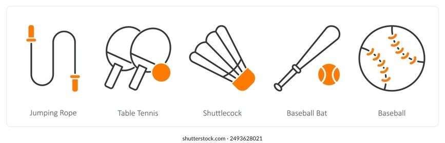 A set of 5 Sports and Fitness icons as jumping rope, table tennis, shuttlecock