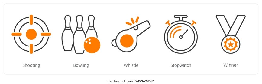 A set of 5 Sports and Fitness icons as shooting, bowling, whistle