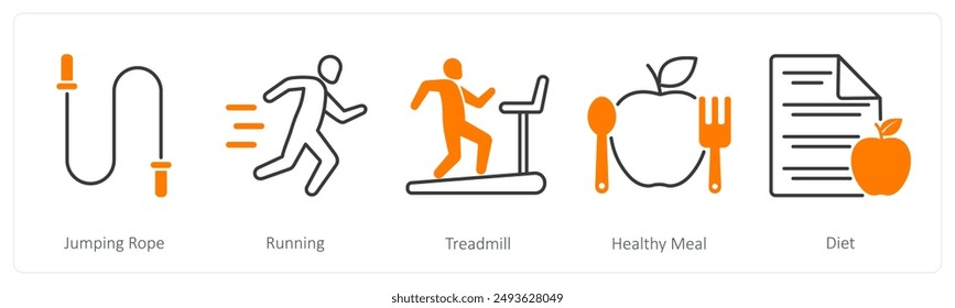 A set of 5 Sports and Fitness icons as jumping rope, running, treadmill