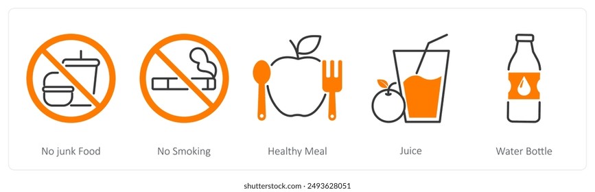 Un conjunto de 5 iconos de deportes y fitness como no comida chatarra, no fumar, comida saludable