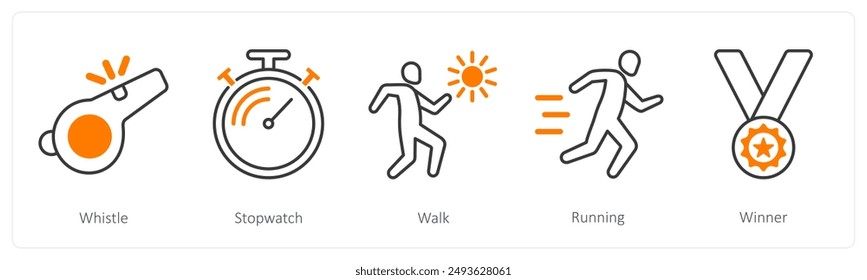 A set of 5 Sports and Fitness icons as whistle, stopwatch, walk