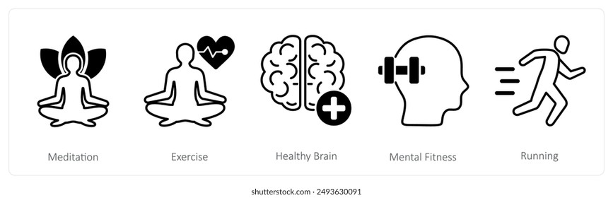 A set of 5 Sports and Fitness icons as meditation, exercise, healthy brain