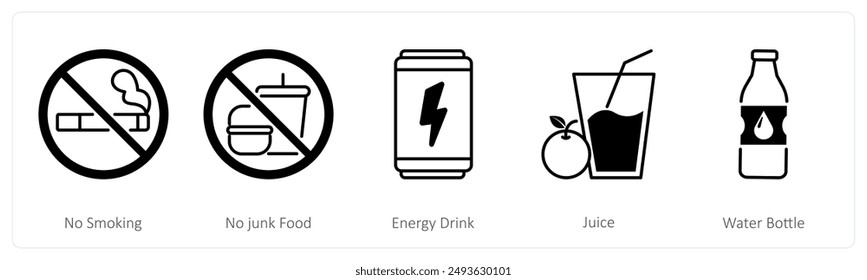 Un conjunto de 5 iconos de deportes y fitness como no fumar, no comida chatarra, bebida energética