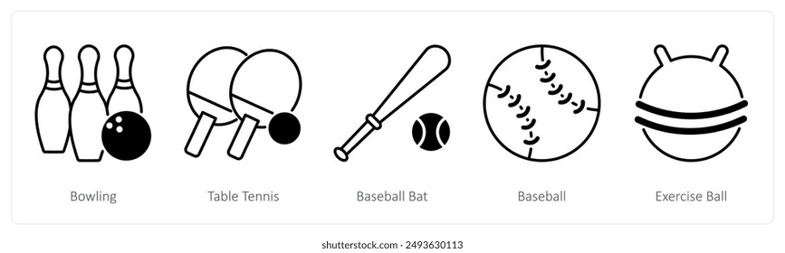 A set of 5 Sports and Fitness icons as bowling, table tennis, basketball bat