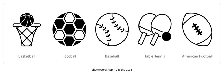 A set of 5 Sports and Fitness icons as basketball, football, baseball