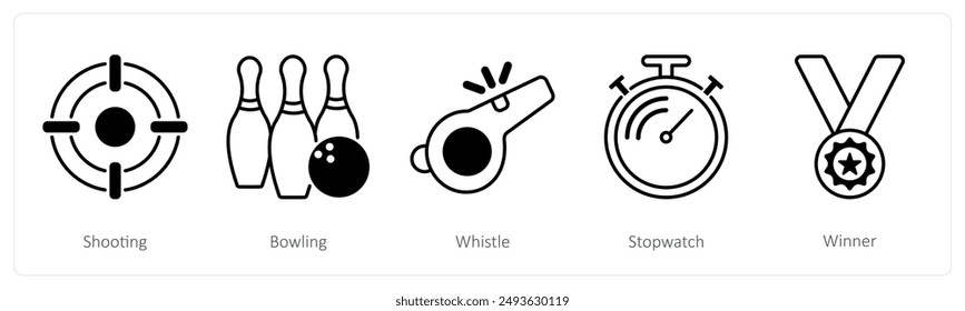 A set of 5 Sports and Fitness icons as shooting, bowling, whistle