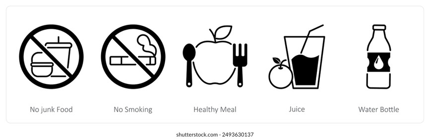 Un conjunto de 5 iconos de deportes y fitness como no comida chatarra, no fumar, comida saludable