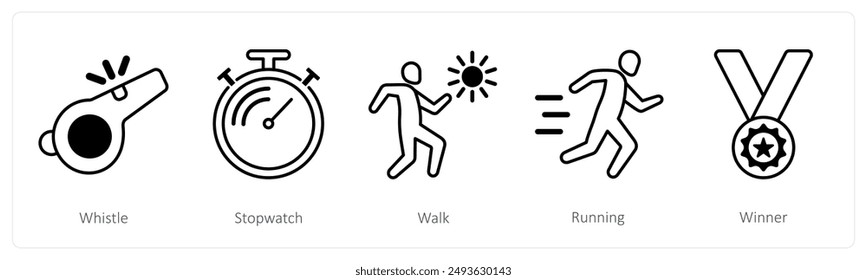 A set of 5 Sports and Fitness icons as whistle, stopwatch, walk