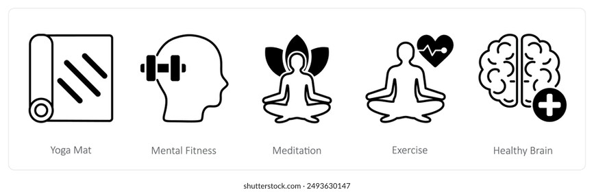 A set of 5 Sports and Fitness icons as yoga mat, mental fitness, meditation
