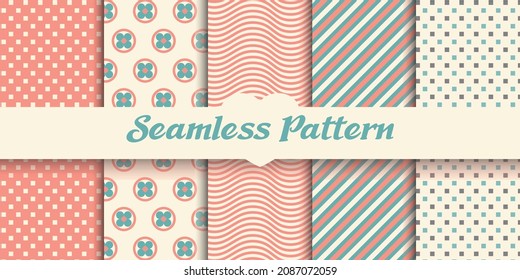 Conjunto de 5 patrones de acero inoxidable vintage de primavera, fondo, ilustración vectorial. Para la reserva de recortes, tarjetas, textiles, tela, invitaciones.