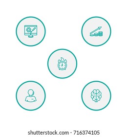 Set Of 5 Startup Outline Icons Set.Collection Of Deadline, Brain, Development And Other Elements.