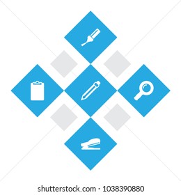 Set of 5 stationery icons set. Collection of marker, magnifier, pencil and other elements.