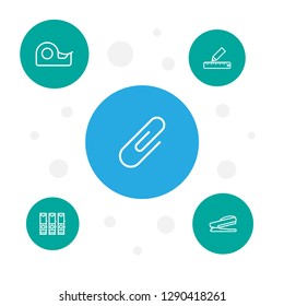 Set of 5 stationery icons line style set. Collection of stapler, binder, clip and other elements.