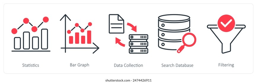 A set of 5 Statistics icons as statistics, bar graph, data collection